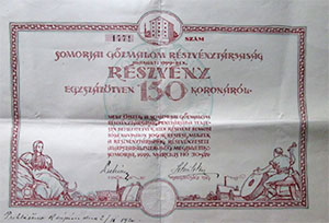 Somorjai Gőzmalom Részvénytársaság részvény 150 korona 1919 Somorja