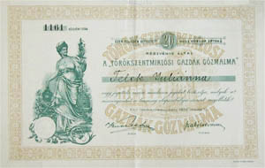 Trkszentmiklsi Gazdk Gzmalma Rszvnytrsasg rszvny 20 korona 1898 Trkszentmikls