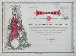 Tszegi Gzmalom Rszvnytrsasg rszvny 12 peng 1928 Tszeg