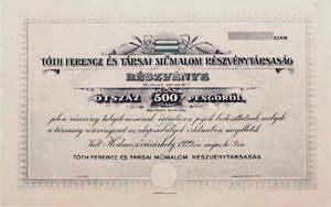 Tóth Ferenc és Társai Gőzmalom Részvénytársaság részvény 500 pengő 1929 Hódmezővásárhely
