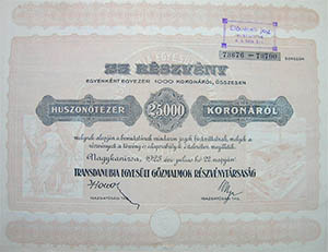Transdanubia Egyesült Gőzmalmok Részvénytársaság részvény 25000 korona 1923 Nagykanizsa