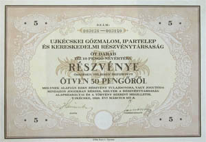 Ujkécskei Gőzmalom, Ipartelep és Kereskedelmi Részvénytársaság részvény 5x10 50 pengő 1928 Újkécske