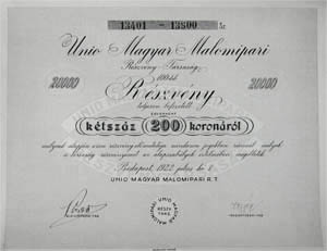 Unió Magyar Malomipari Részvénytársaság részvény 100x200 20000 korona 1922
