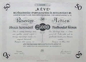 KÉVE Mezőgazdasági Iparfejlesztési- és Hitelintézet Részvénytársaság részvény 50x500 25000 korona 1924