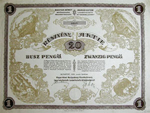 Magyar-Nmet Mezgazdasgi Rszvnytrsasg rszvny 20 peng 1930