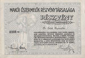 Makói Őstermelők Részvénytársaság részvény 500 korona 1921