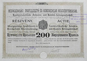 Mezőgazdasági Iparfejlesztő és Kereskedelmi Részvénytársaság részvény 200 korona 1910 Déva