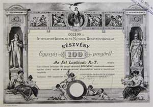 Athenaeum Irodalmi és Nyomdai Részvénytársaság részvény 100 pengő 1930