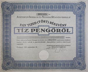 Athenaeum Irodalmi s Nyomdai Rszvnytrsasg egy tized trtrszvny 10 peng 1930