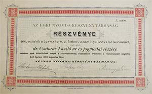 gri Nyomda Részvénytársaság részvény 400 forint 800 korona 1893 Eger