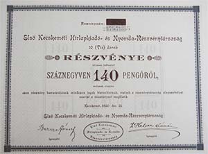 Első Kecskeméti Hírlapkiadó és Nyomda Részvénytársaság részvény 10x14 140 pengő 1930 Kecskemét