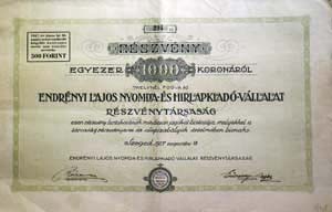 Endrényi Lajos Nyomda és Hírlapkiadó Vállalat Részvénytársaság részvény 1000 korona 1917 Szeged