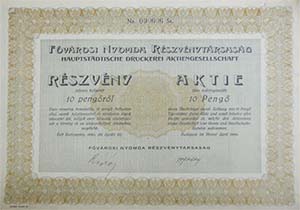 Fővárosi Nyomda Részvénytársaság részvény 10 pengő 1926