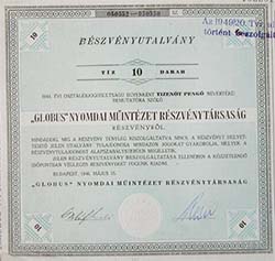 Globus Nyomdai Mintzet Rszvnytrsasg rszvnyutalvny 10x15 150 peng 1946