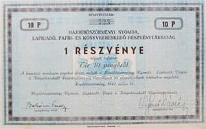 Hajdúböszörményi Nyomda, Lapkiadó, Papír- és Könyvkereskedő Részvénytársaság részvény 10 pengő 1942
