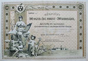 Kosmos Műintézet Kő- és Könyvnyomda és Hírlapkiadó Részvénytársaság részvény 100 forint 200 korona 1895