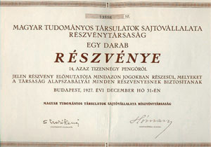 agyar Tudomnyos Trsulatok Sajtvllalata Rszvnytrsasg 14 pengo 1927