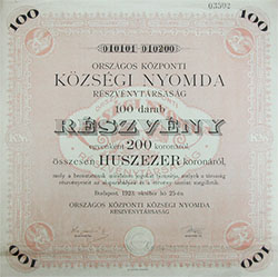 Országos Központi Községi Nyomda Részvénytársaság részvény 100x200 20000 korona 1923