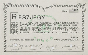 Otthon Írók és Hírlapírók Köre részjegy 5 pengő 1931