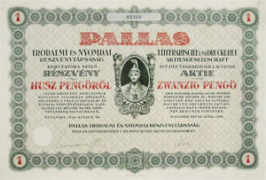 Pallas Irodalmi s Nyomdai Rszvnytrsasg rszvny 20 peng 1926
