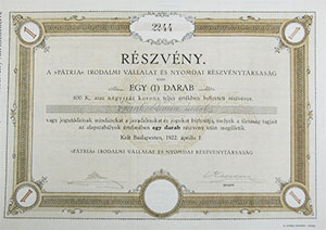 Ptria Irodalmi Vllalat s Nyomdai Rszvnytrsasg rszvny 400 korona 1922