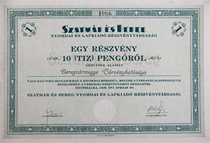 Szatmár és Bereg Nyomdai és Lapkiadó Részvénytársaság részvény 10 pengő 1929 Mátészalka