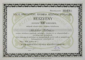 Váczi Keresztény Nyomda Részvénytársaság részvény 100 korona 1920 Vác