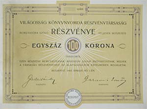 Világosság Könyvnyomda Részvénytársaság részvény 100 korona 1905