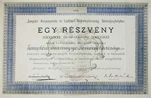 Zemplén Könyvnyomda és Lapkiadó Részvénytársaság részvény 1 millió korona 1923 Sátoraljaújhely