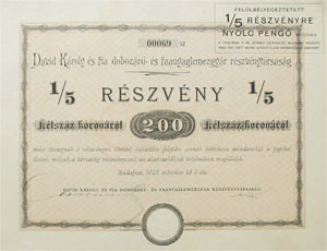 Dávid Károly és Fia Dobozáru- és Faanyaglemezgyár Részvénytársaság 200 korona 1923