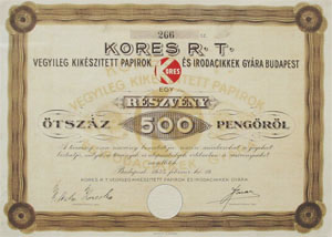 Kores Vegyileg Kikészített Papírok és Irodacikkek Gyára Budapest Részvénytársaság 500 pengő 1935