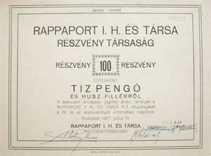 Rappaport I. H. és Társa Részvénytársaság részvény 20 fillér 1927