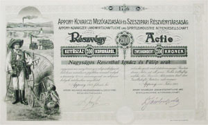 Appony-Kovarczi Mezőgazdasági és Szeszipari Részvénytársaság részvény 200 korona 1914