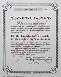 Baróti Szeszfinomító-, Likőr- és Rumgyár Részvénytársaság részvényutalvány 50x200 korona 1924