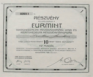 Furmint Tokajhegyaljai Mezőgazdasági, Ipari és Mezőgazdasági Részvénytársaság részvény 10 pengő 1926
