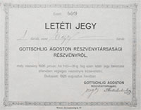 Gottschlig Ágoston Részvénytársaság részvény letéti jegy 1925