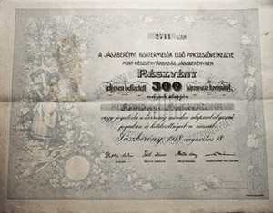 Jászberényi Bortermelők Első Pinczeszövetkezete Mint Részvénytársaság Jászberényben részvény 300 korona 1918