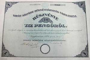 Király Sörfőzde Részvénytársaság Nagykanizsa részvény 10 pengő 1926