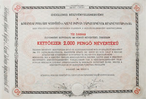Kőbányai Polgári Serfőző és Szent István Tápszerművek Részvénytársaság részvényelismervény 2000 pengő 1946