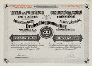 Nagyváradi Dreher-Haggenmacher Sörgyár Részvénytársaság részvény 500 lei 1929 Nagyvárad