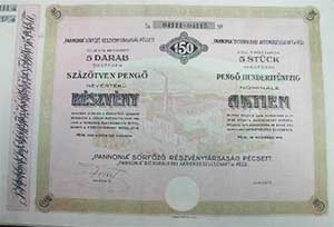 Pannónia Sörfőző Részvénytársaság Pécsett részvény 5x30 150 pengő 1926 Pécs