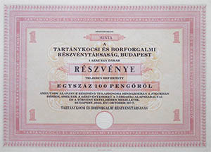 Tartánykocsi és Borforgalmi Részvénytársaság részvény 100 pengő 1940