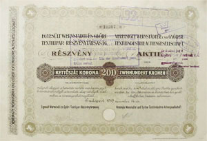Egyeslt Wernstadti s Gyri Textilipar Rszvnytrsasg rszvny 200 korona 1916