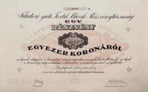 Filatori-gáti Textim Művek Részvénytársaság részvény 1000 korona 1923