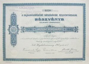 Hajdúböszörményi Kötszövőgyár Részvénytársaság részvény 200 korona 1907