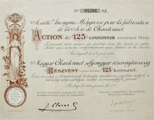 Magyar Chardonnet Selyemgyár Részvénytársaság részvény 125 korona 1904