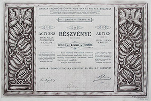 Magyar Finomposztógyár Kopetzky és Fiai Részvénytársaság részvény 25x1000 25000 korona 1923