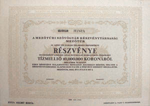 Mezőtúri Szövőgyár Részvénytársaság részvény 10000000 korona 1925 MINTA