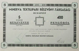 Minerva Textilipari Részvénytársaság részvény 400 pengő 1932