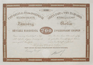 Papp István és Fia-féle Posztógyár Részvénytársaság részvény 200 korona 1909 Barczarozsnyó